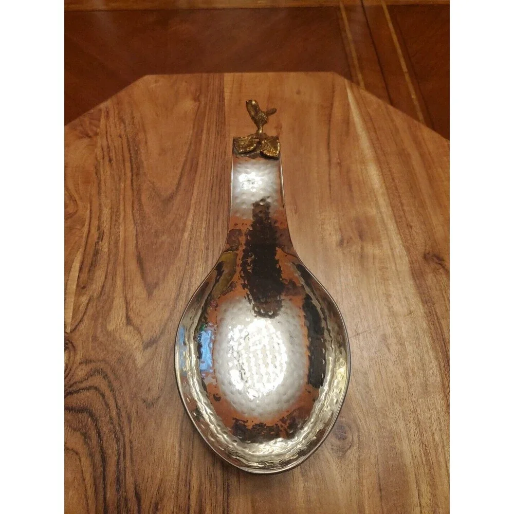 Silver Metal Spoon Rest With Gold Leaves &a Bird 4